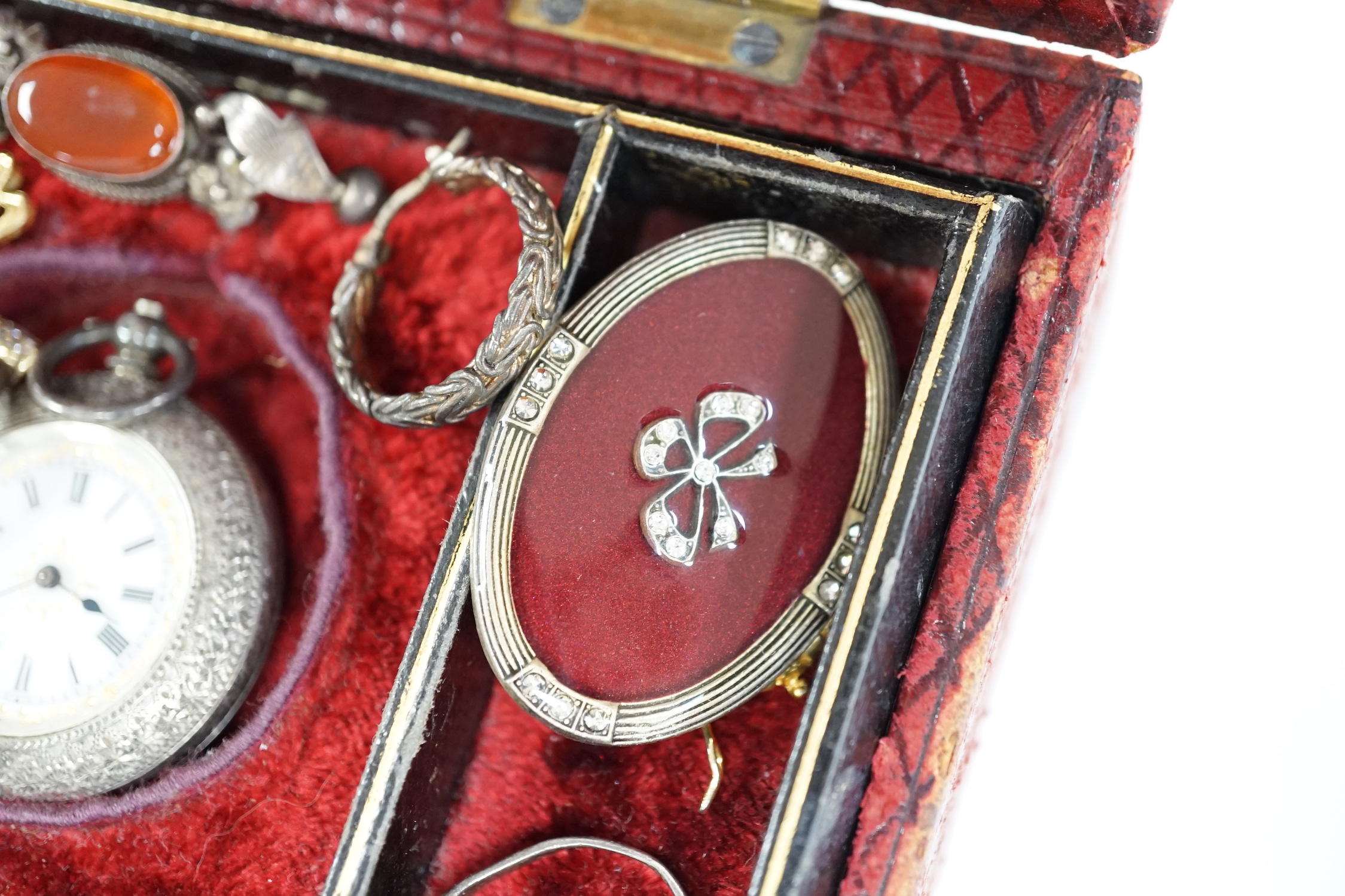 A quantity of assorted jewellery including a lava brooch, Italian 925 necklaces, costume jewellery including earrings etc. and a lady's Swiss white metal fob watch.